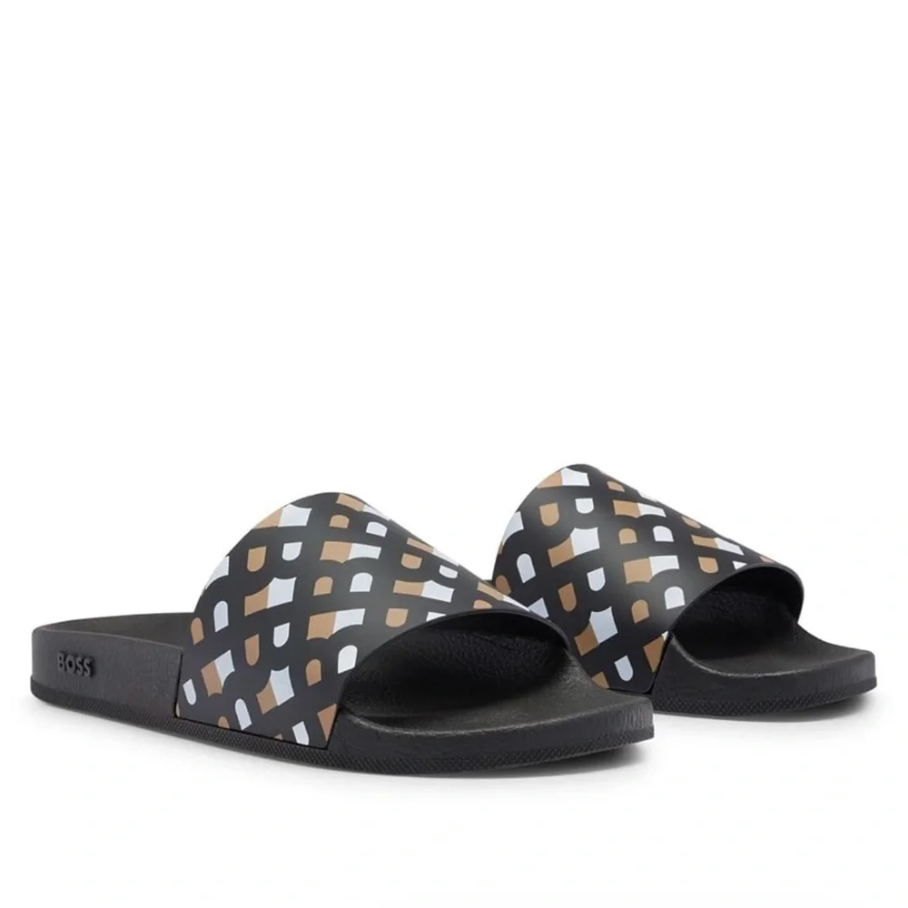 NWT BOSS Mens Bay it Monogram slides with contoured footbed Size size 42
